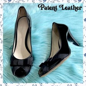 Antonio Melani Black Patent LEATHER Cone Heel Pumps Womens 7.5 Open Toe + Bow